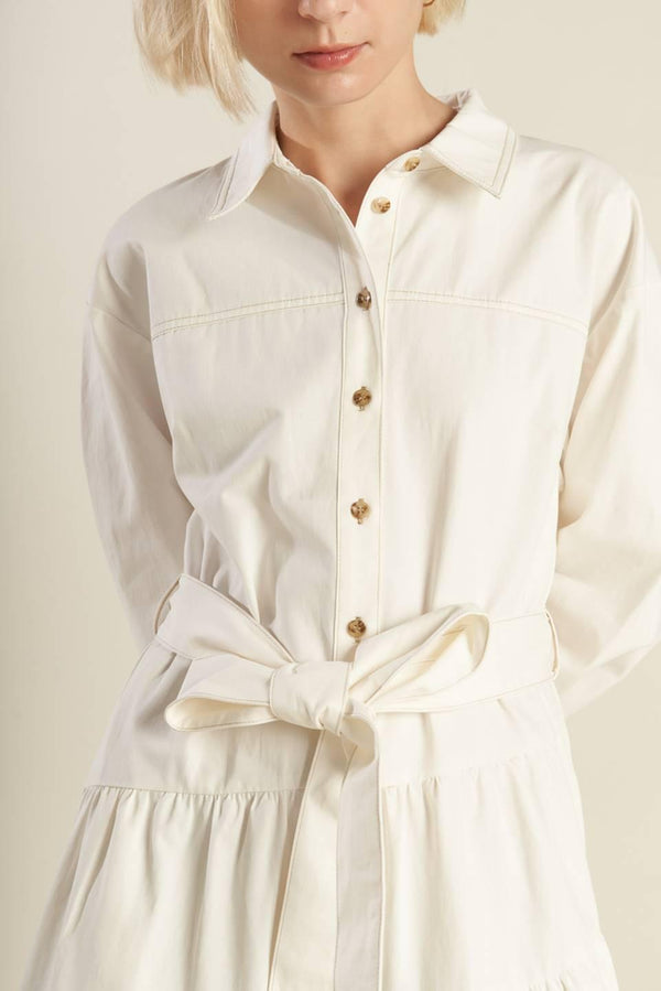ANYTIME NOW WOVEN TWILL MIDI DRESS.