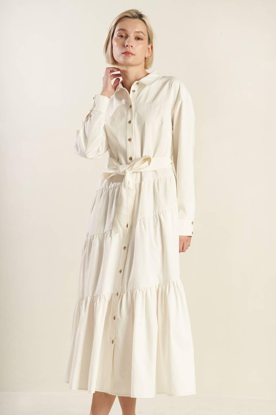 ANYTIME NOW WOVEN TWILL MIDI DRESS.