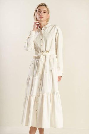 ANYTIME NOW WOVEN TWILL MIDI DRESS.