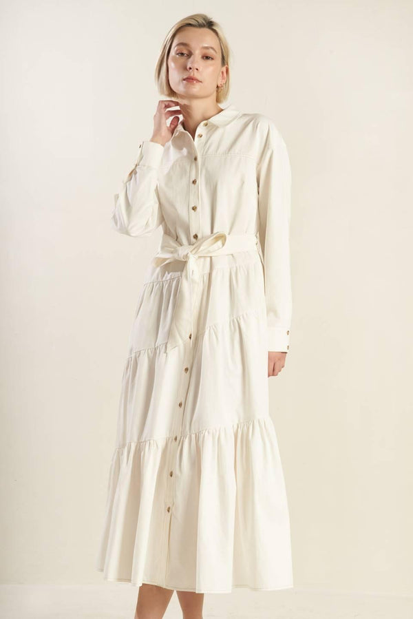 ANYTIME NOW WOVEN TWILL MIDI DRESS.