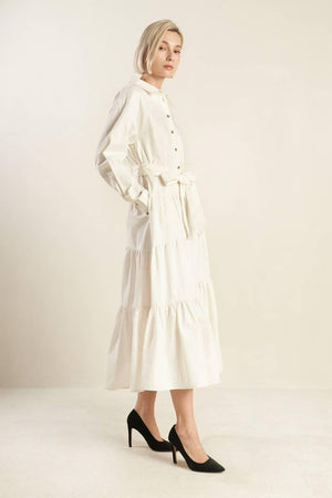 ANYTIME NOW WOVEN TWILL MIDI DRESS.