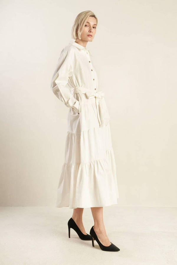 ANYTIME NOW WOVEN TWILL MIDI DRESS.