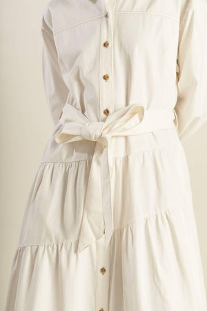 ANYTIME NOW WOVEN TWILL MIDI DRESS.