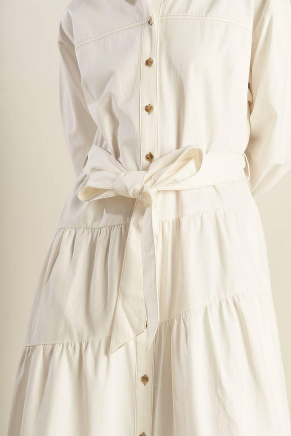 ANYTIME NOW WOVEN TWILL MIDI DRESS.