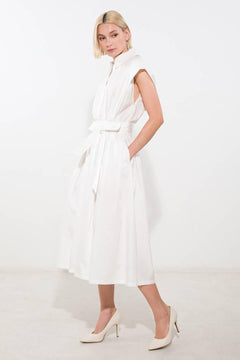 DEEPER CONNECTION WOVEN MIDI DRESS.