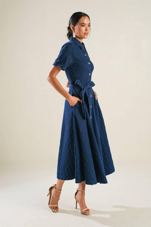 CONFIDENT STRIDES DENIM MIDI DRESS.