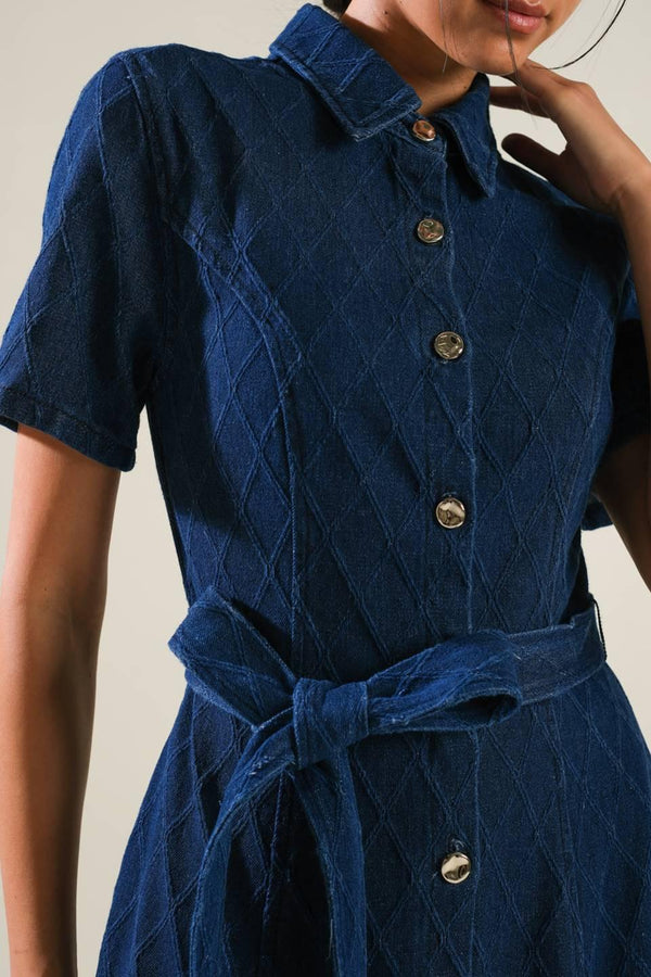CONFIDENT STRIDES DENIM MIDI DRESS.