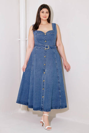 PRETTIEST BEHAVIOR DENIM MIDI DRESS.