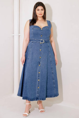 PRETTIEST BEHAVIOR DENIM MIDI DRESS.