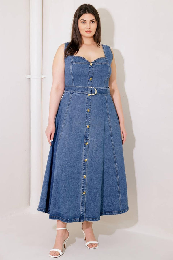 PRETTIEST BEHAVIOR DENIM MIDI DRESS.