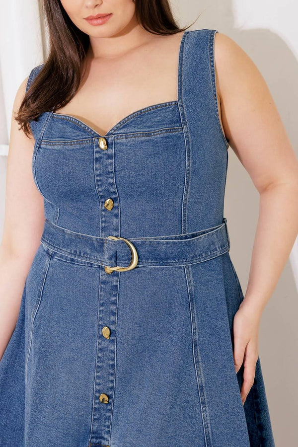 PRETTIEST BEHAVIOR DENIM MIDI DRESS.