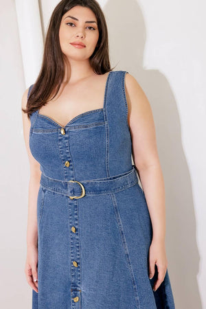PRETTIEST BEHAVIOR DENIM MIDI DRESS.