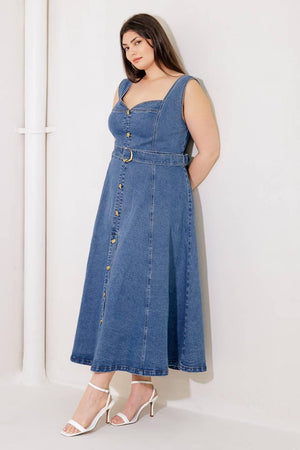 PRETTIEST BEHAVIOR DENIM MIDI DRESS.