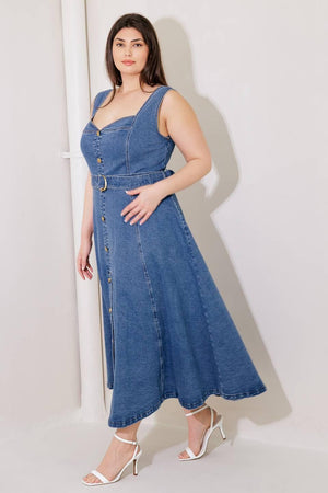 PRETTIEST BEHAVIOR DENIM MIDI DRESS.