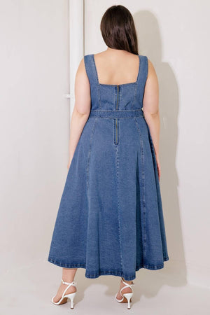 PRETTIEST BEHAVIOR DENIM MIDI DRESS.