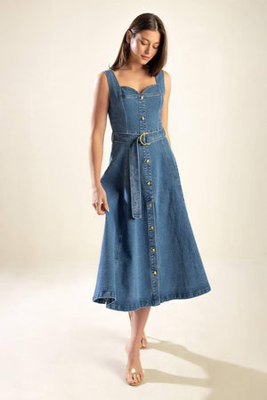 PRETTIEST BEHAVIOR DENIM MIDI DRESS.