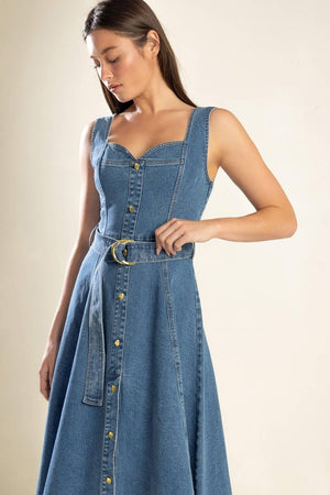 PRETTIEST BEHAVIOR DENIM MIDI DRESS.