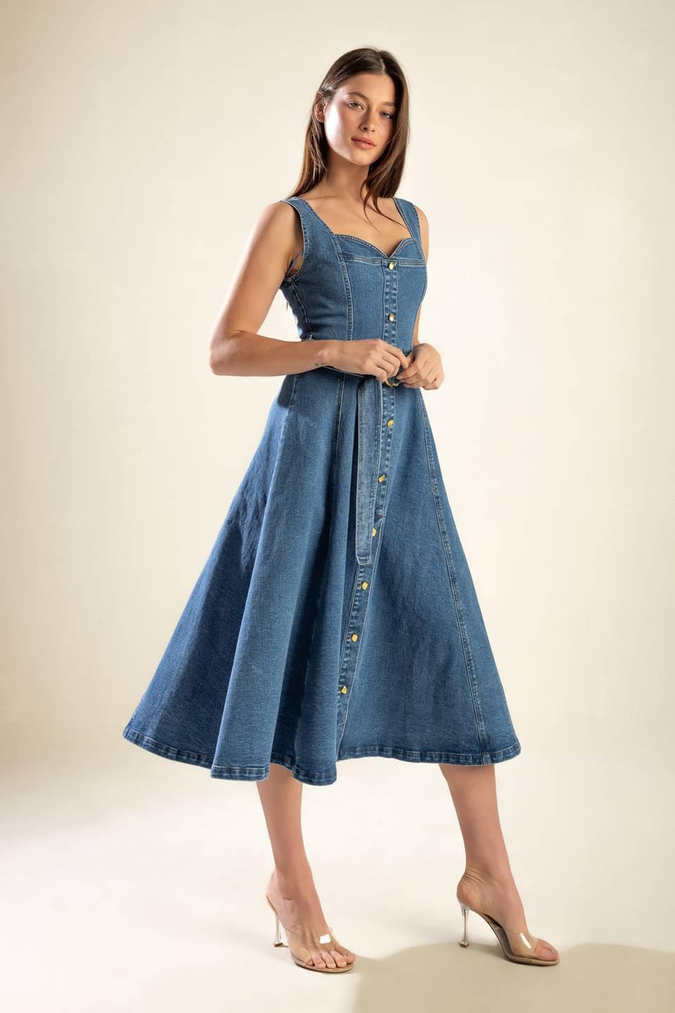 PRETTIEST BEHAVIOR DENIM MIDI DRESS.