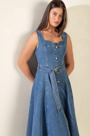 PRETTIEST BEHAVIOR DENIM MIDI DRESS.