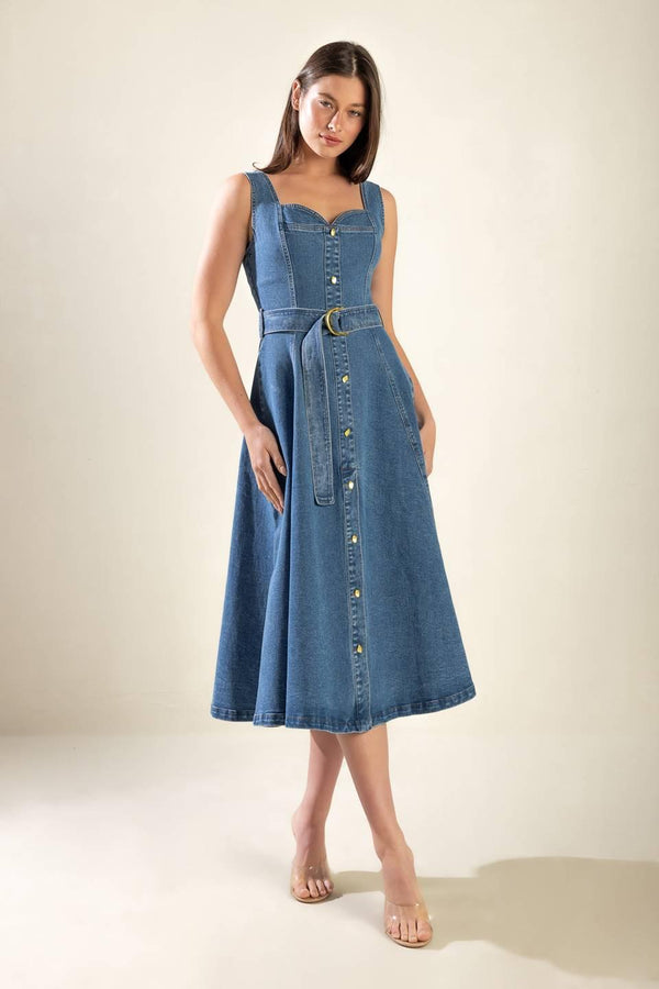 PRETTIEST BEHAVIOR DENIM MIDI DRESS.