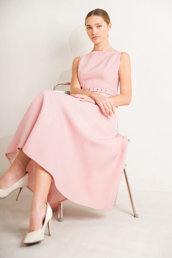 
A solid woven midi dress featuring wide neckline, sleeveless, self belt, circle skirt and back zipper closure

Details:

Self : 95% Polyester 5% Spandex
Lining : 100% Polyester

Size &amp; Fit

- Model is 5`8" And Wearing Size Small
- Measurements Taken From Size Small
- Approx. Length: 49"
