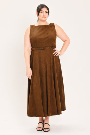 A woman wearing a sleeveless tobacco brown midi dress with a structured bodice, matching belt, and full skirt | FREEMARKET Curve