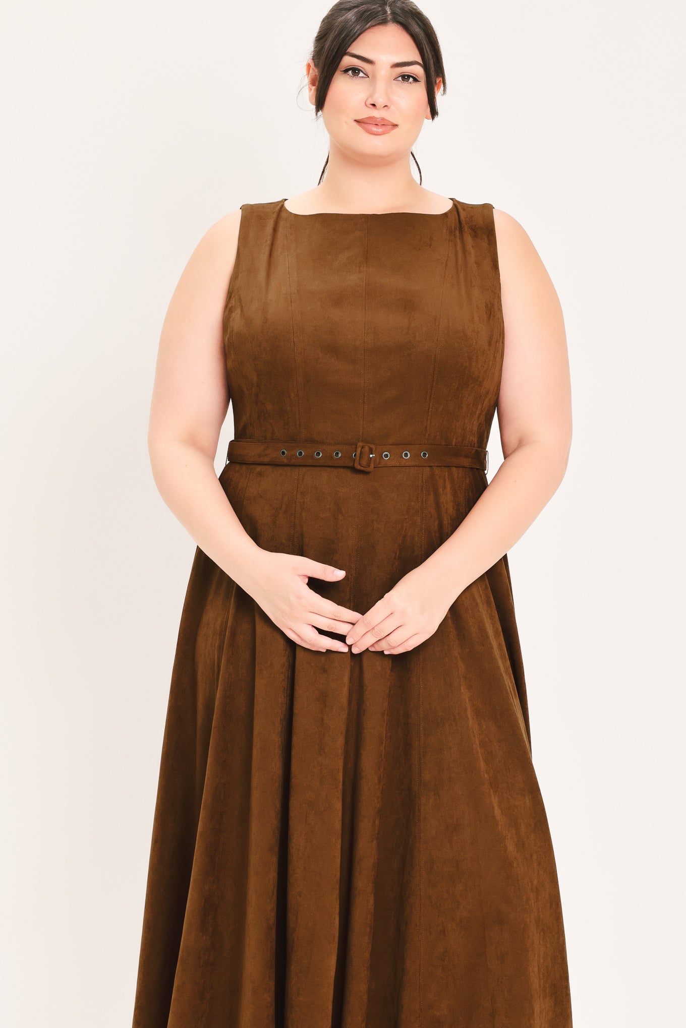 AMBER TOBACCO FAUX SUEDE MIDI DRESS