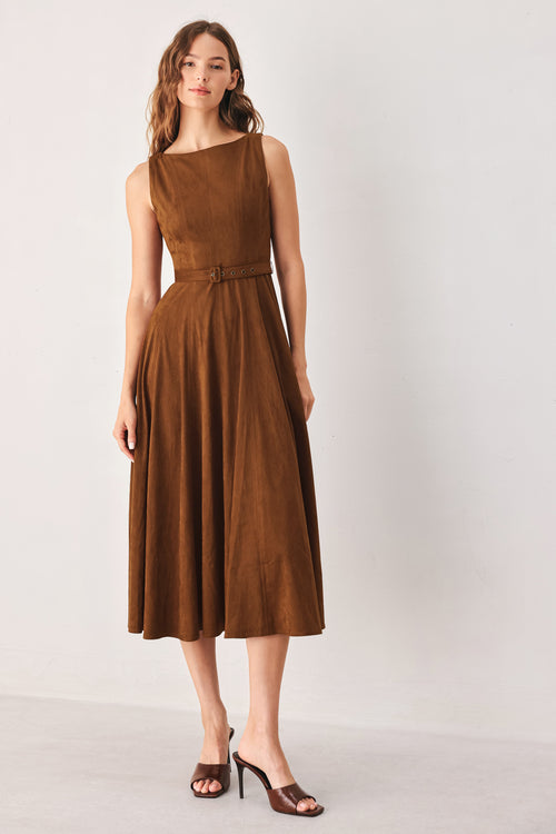 A woman wearing a sleeveless tobacco brown midi dress with a structured bodice, matching belt, and full skirt | FREEMARKET
