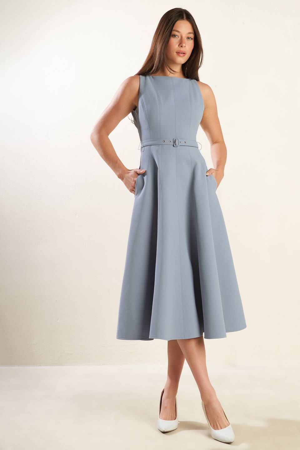 
A solid woven midi dress featuring boat neckline, sleeveless, full skirt, self belt, side pocket and full skirt

Details:

Self : 100% Polyester

Size &amp; Fit

- Model is 5`8" And Wearing Size Small
- Measurements Taken From Size Small
- Approx. Length: 47"