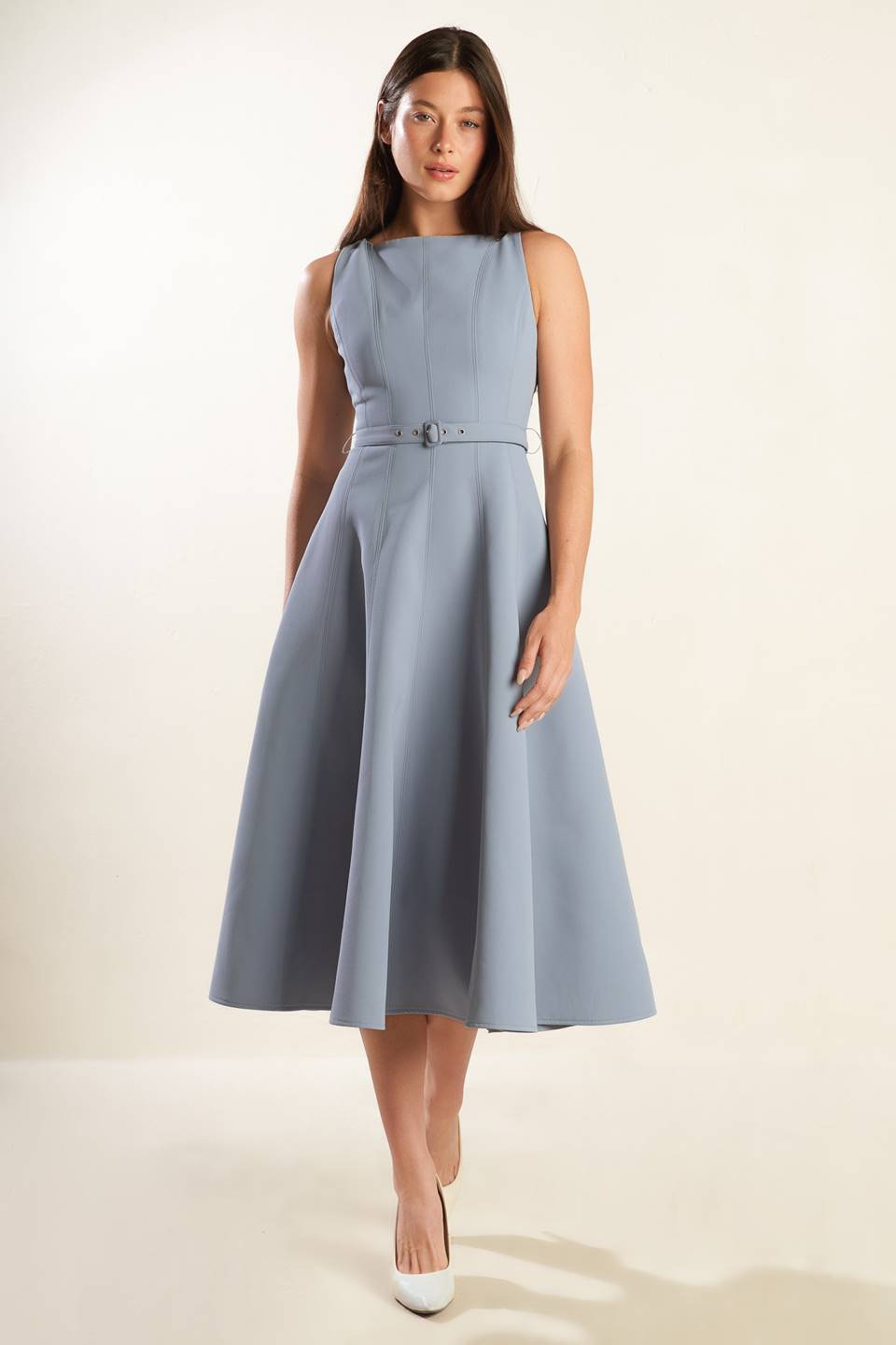 
A solid woven midi dress featuring boat neckline, sleeveless, full skirt, self belt, side pocket and full skirt

Details:

Self : 100% Polyester

Size &amp; Fit

- Model is 5`8" And Wearing Size Small
- Measurements Taken From Size Small
- Approx. Length: 47"