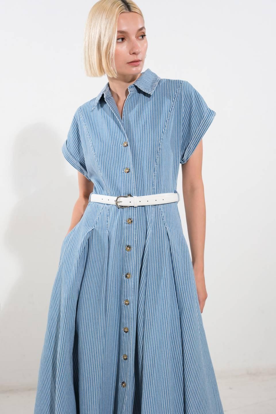 SOAK IN THE SUN DENIM MIDI DRESS.