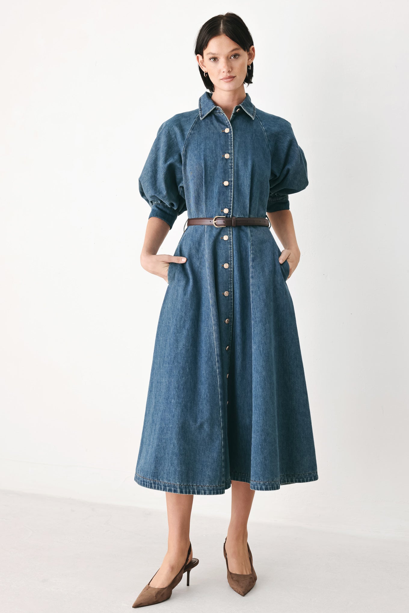 DIVIDE AND CONTOUR DENIM MIDI DRESS