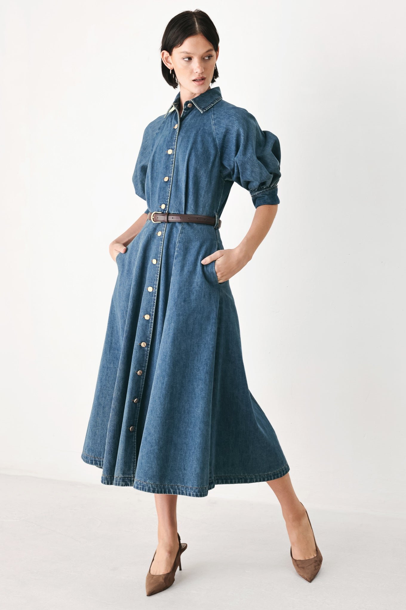 DIVIDE AND CONTOUR DENIM MIDI DRESS