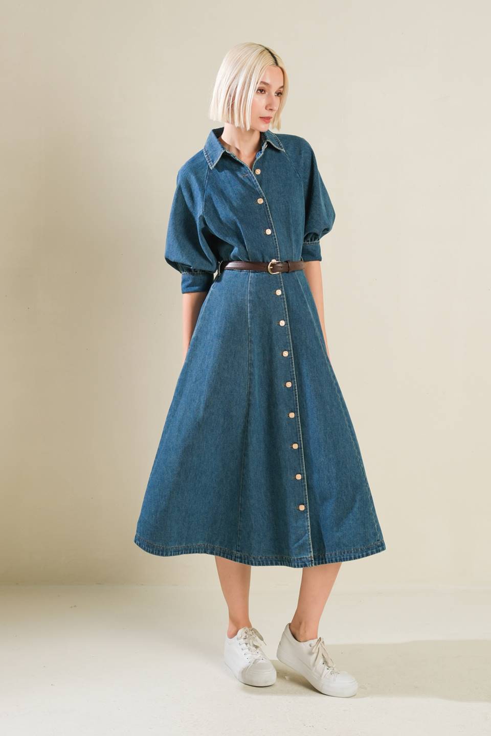 DIVIDE AND CONTOUR DENIM MIDI DRESS