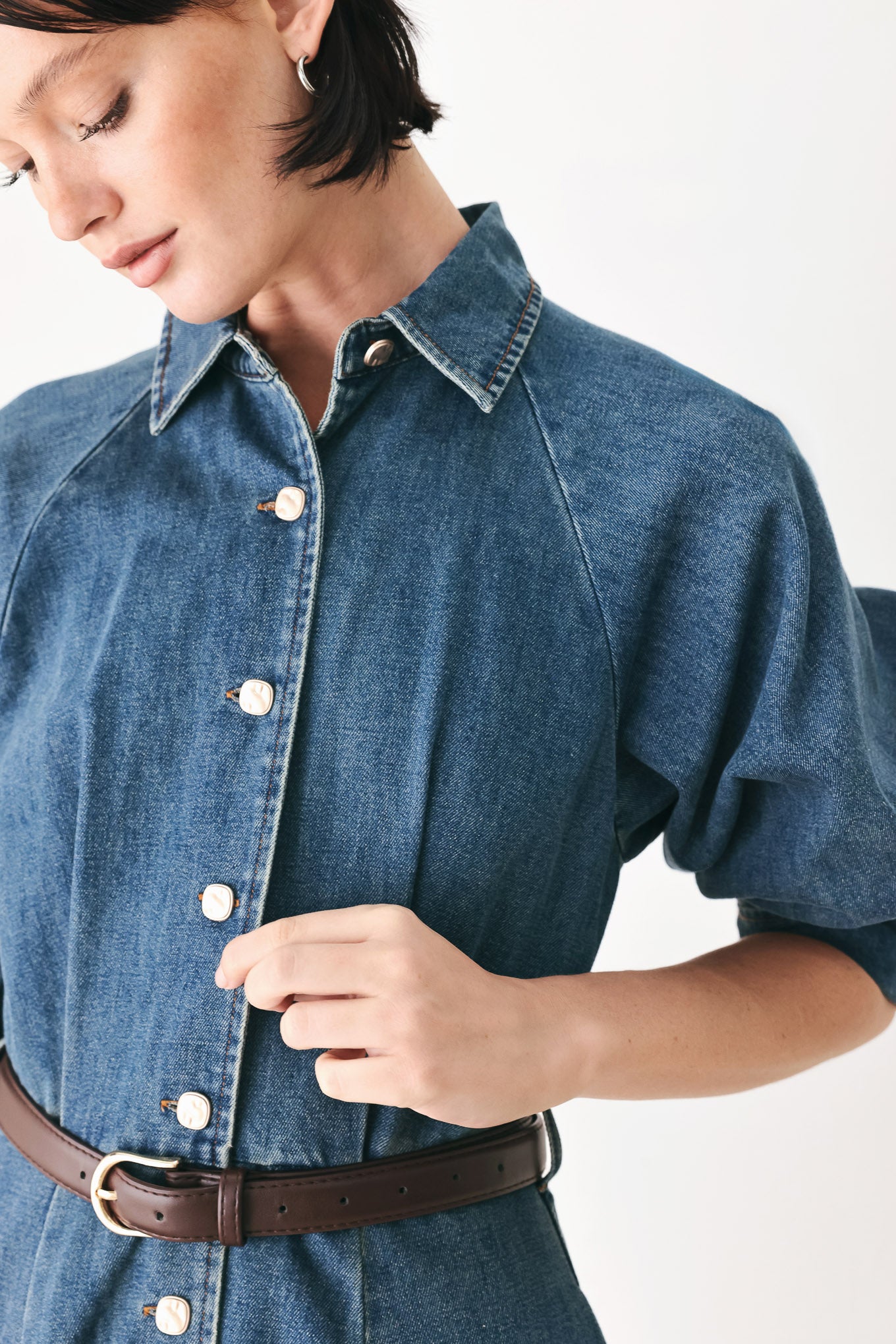 DIVIDE AND CONTOUR DENIM MIDI DRESS