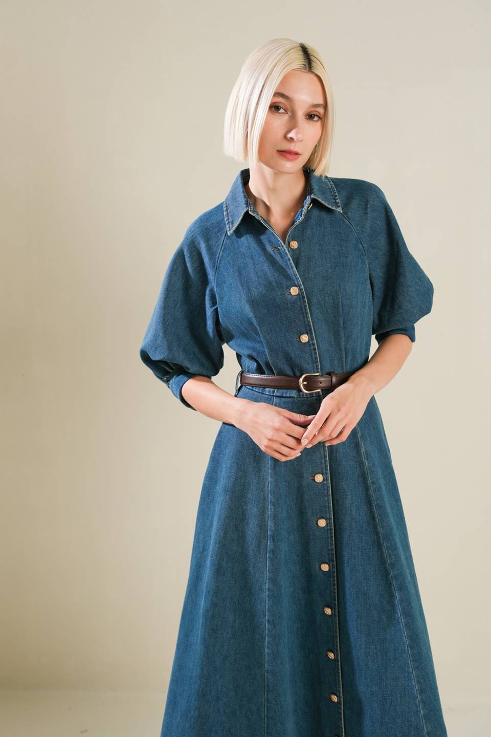 DIVIDE AND CONTOUR DENIM MIDI DRESS