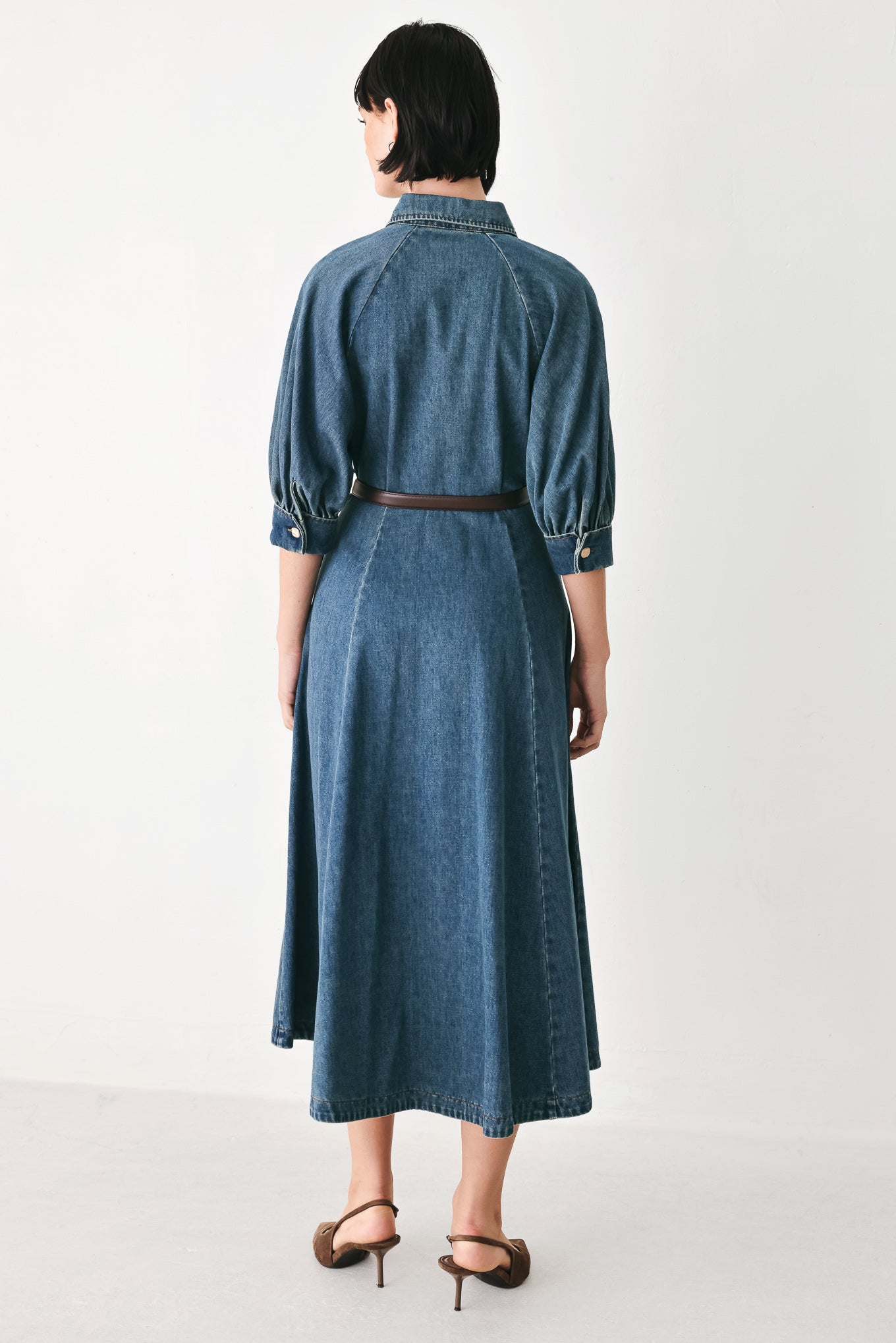 DIVIDE AND CONTOUR DENIM MIDI DRESS