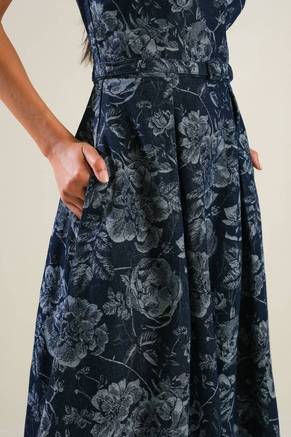 EVOLVING REFLECTIONS DENIM MIDI DRESS