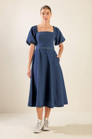 ALL SPRUCED UP DENIM MIDI DRESS.