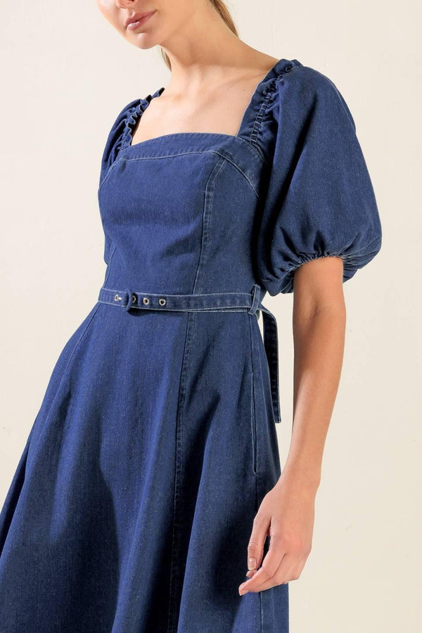 ALL SPRUCED UP DENIM MIDI DRESS.