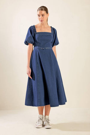 ALL SPRUCED UP DENIM MIDI DRESS.
