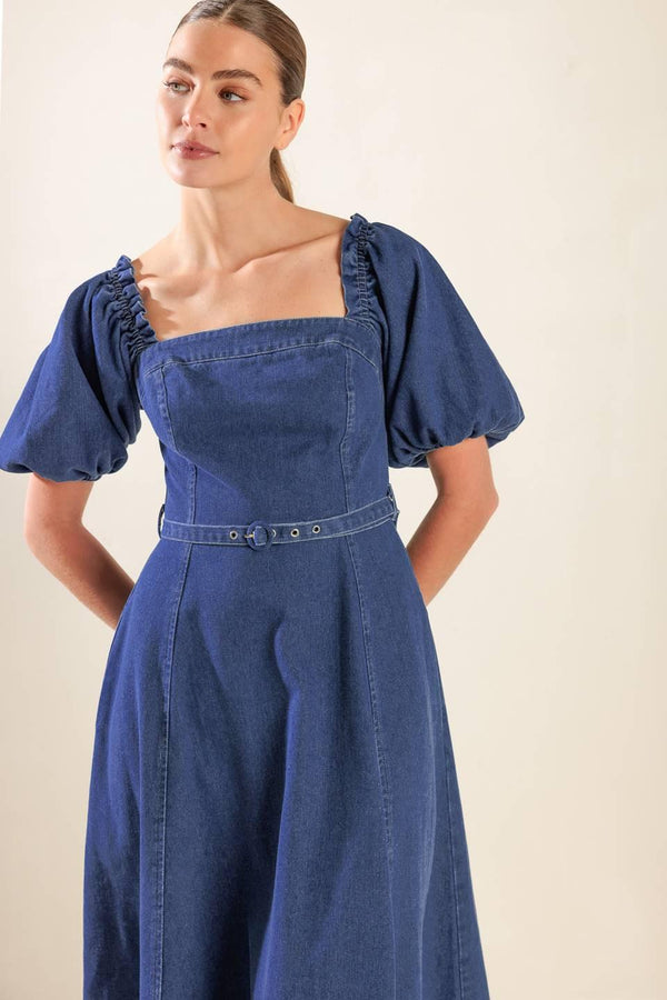 ALL SPRUCED UP DENIM MIDI DRESS.