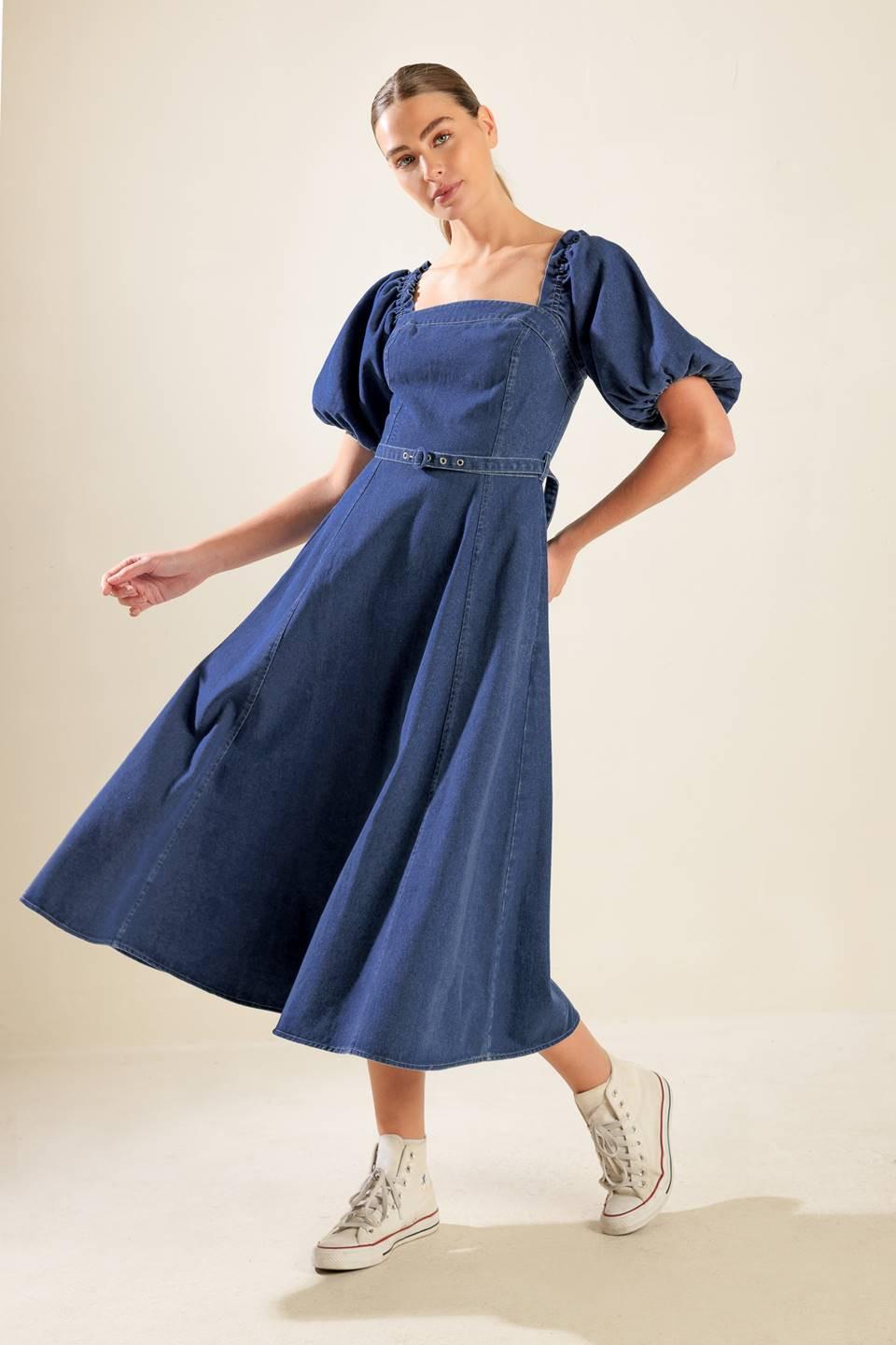 ALL SPRUCED UP DENIM MIDI DRESS.