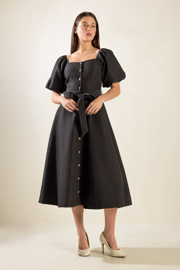 NOIR HERITAGE BLACK TEXTURED BUTTON-FRONT BELTED MIDI DRESS