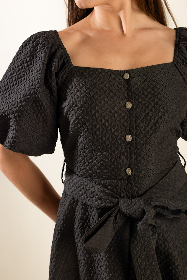 NOIR HERITAGE BLACK TEXTURED BUTTON-FRONT BELTED MIDI DRESS