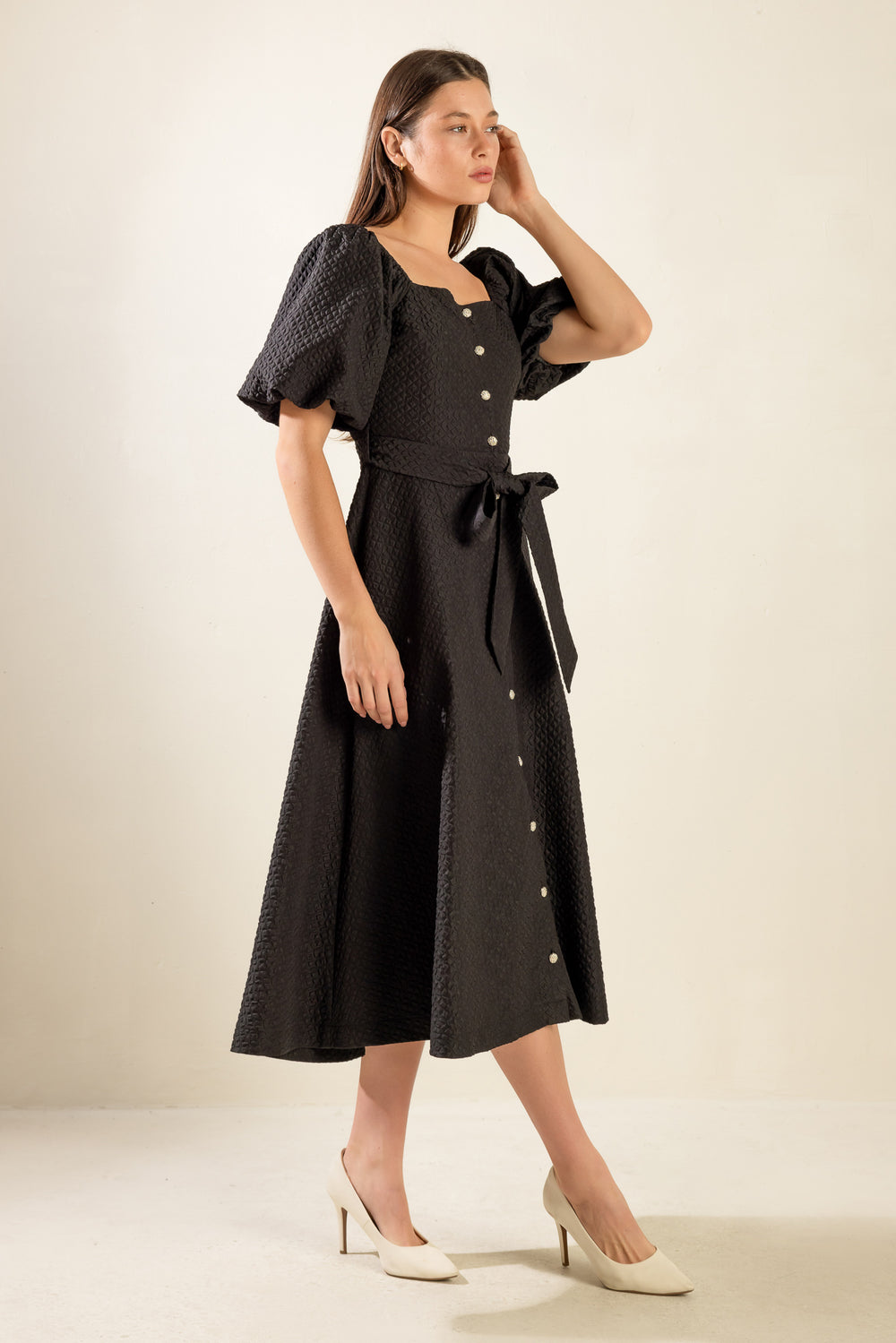 NOIR HERITAGE BLACK TEXTURED BUTTON-FRONT BELTED MIDI DRESS