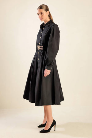 MIDNIGHT MASQUERADE WOVEN MIDI DRESS.