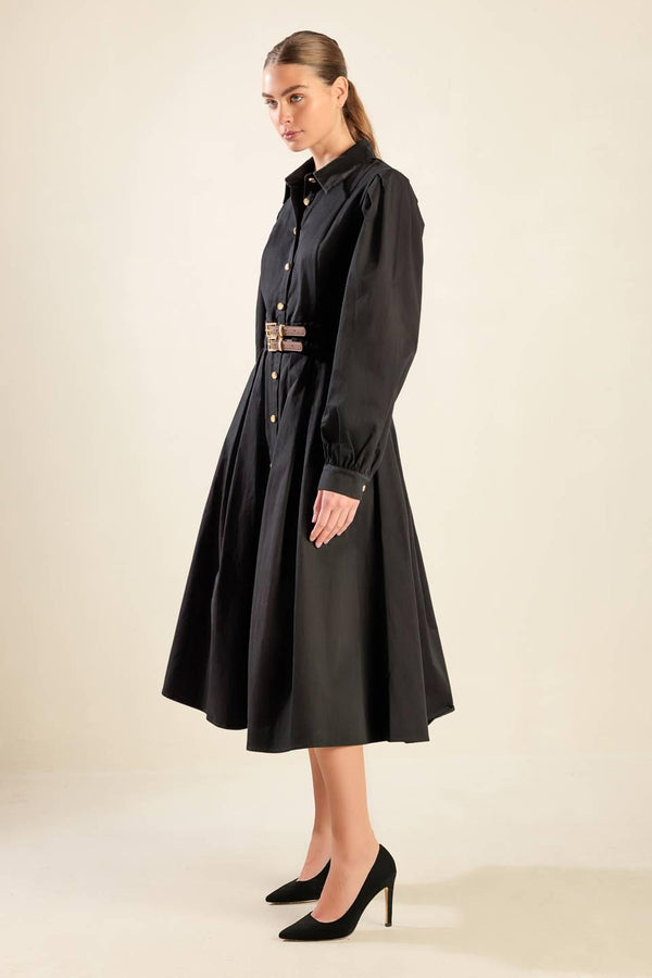 MIDNIGHT MASQUERADE WOVEN MIDI DRESS.