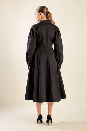 MIDNIGHT MASQUERADE WOVEN MIDI DRESS.