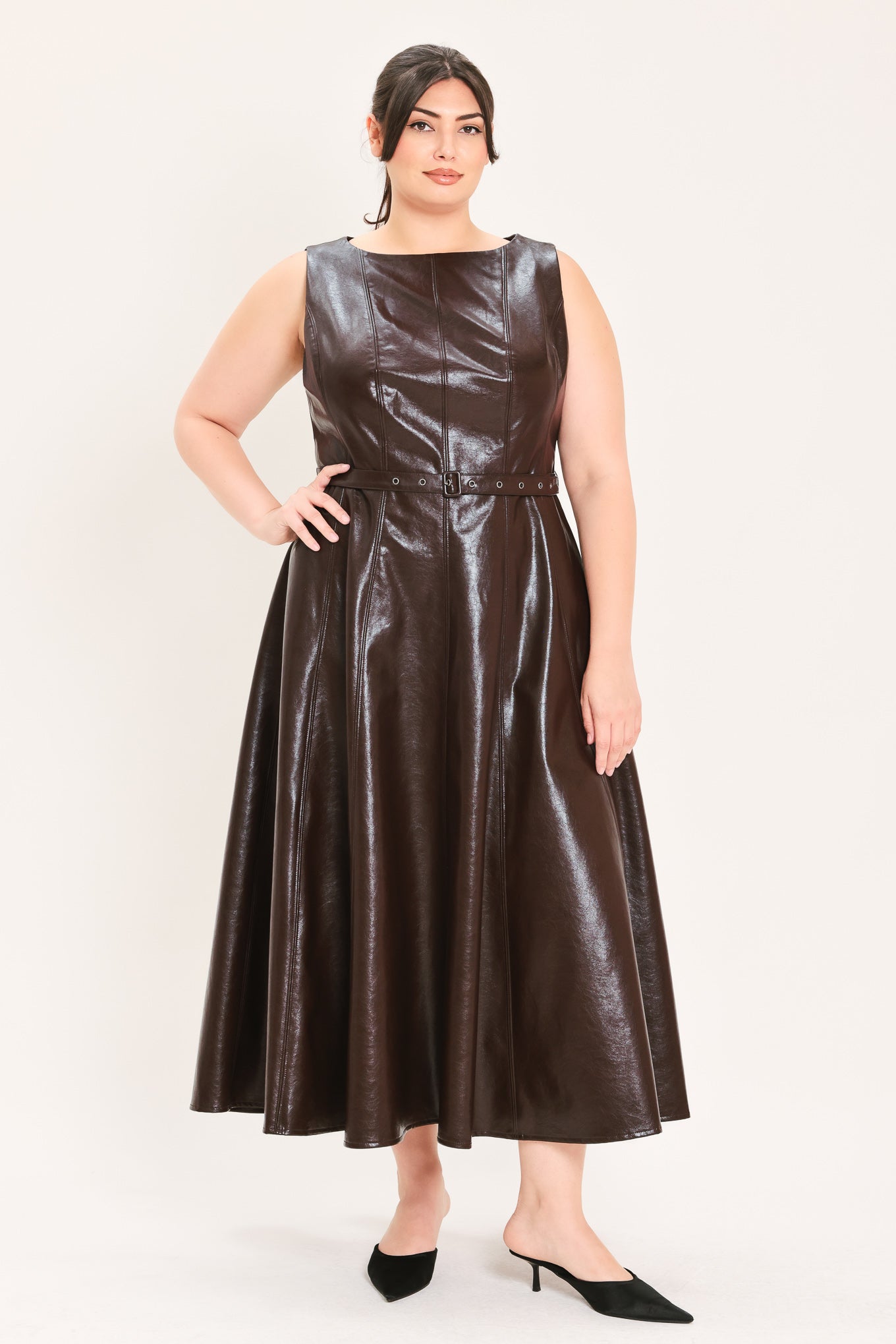 DARK TRUFFLE FAUX LEATHER MIDI DRESS